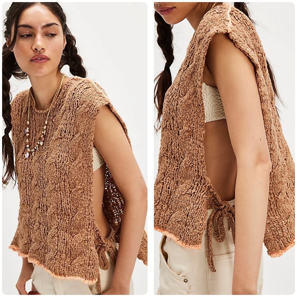 Free People Womens Arlo Knit‎ Praline Combo Boho Festival Side Tie Top Size S